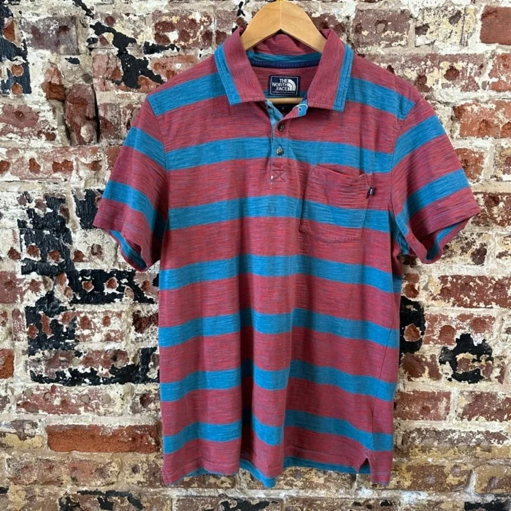 North Face Red Blue Striped Polo Shirt Golf Casual Short Sleeve Men Medium